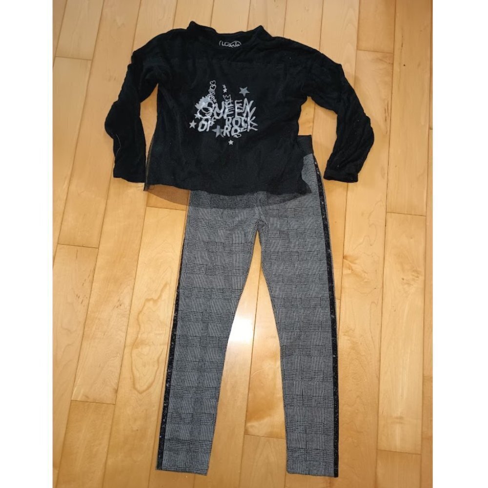 LOSAN BLACK T-SHIRT WITH FRONT PRINT  AND TROUSERS SIZE 7